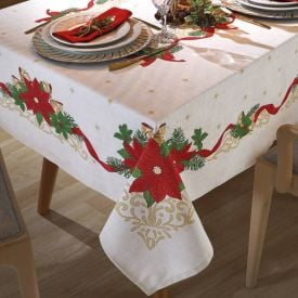 Toalha De Mesa Natal 1,40X1,40 M Döhler - Off e Flores Vermelhas
