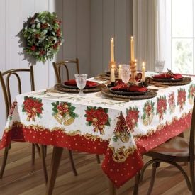 Toalha De Mesa Natal 1,40X1,40 M Döhler - Sinos Dourados e Flores