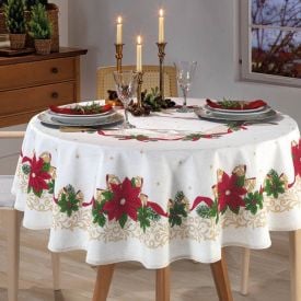 Toalha De Mesa Redonda 1,60 M Natal Döhler - Bege Flor De Natal