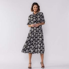 Vestido Feminino Midi De Botões Patricia Foster Estampado Preto