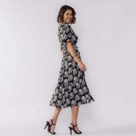 Vestido Feminino Midi De Botões Patricia Foster Estampado Preto