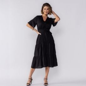 Vestido Feminino Midi De Botões Patricia Foster Preto Liso