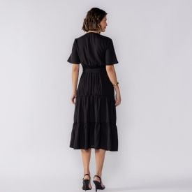 Vestido Feminino Midi De Botões Patricia Foster Preto Liso
