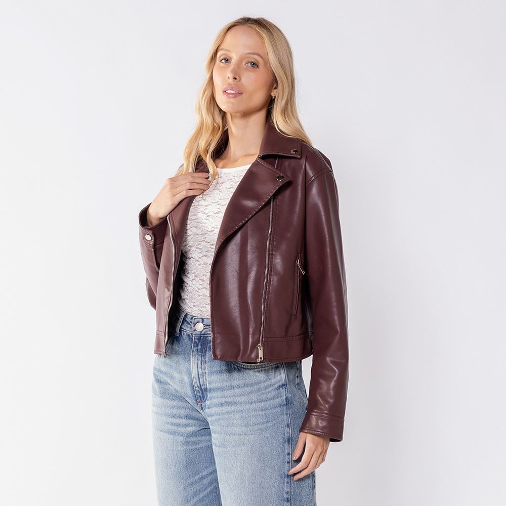 Jaqueta Biker Feminina De Couro Sintético Boby Blues Bordo