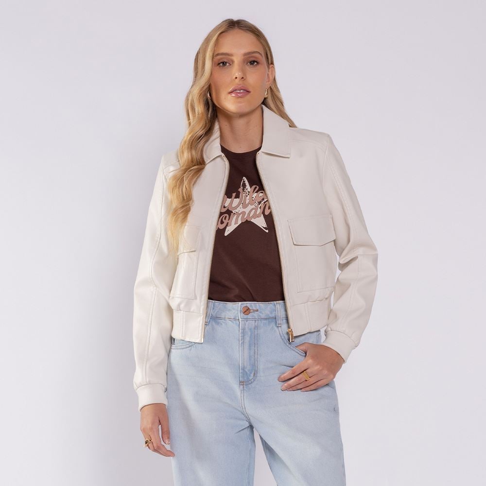 Jaqueta Feminina Bomber Em PU Boby Blues Off White