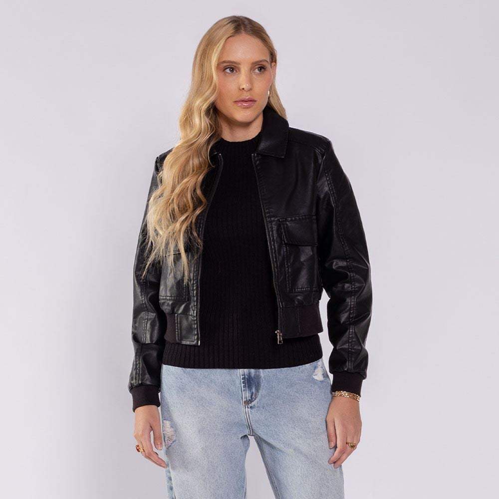 Jaqueta Feminina Bomber Em PU Boby Blues Preto