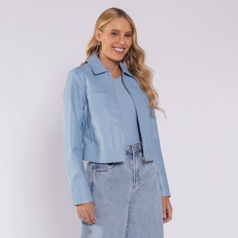 Jaqueta Feminina Curta Em PU Patricia Foster Azul Glacial
