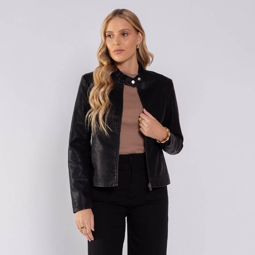 Jaqueta Feminina Em PU Patricia Foster Preto