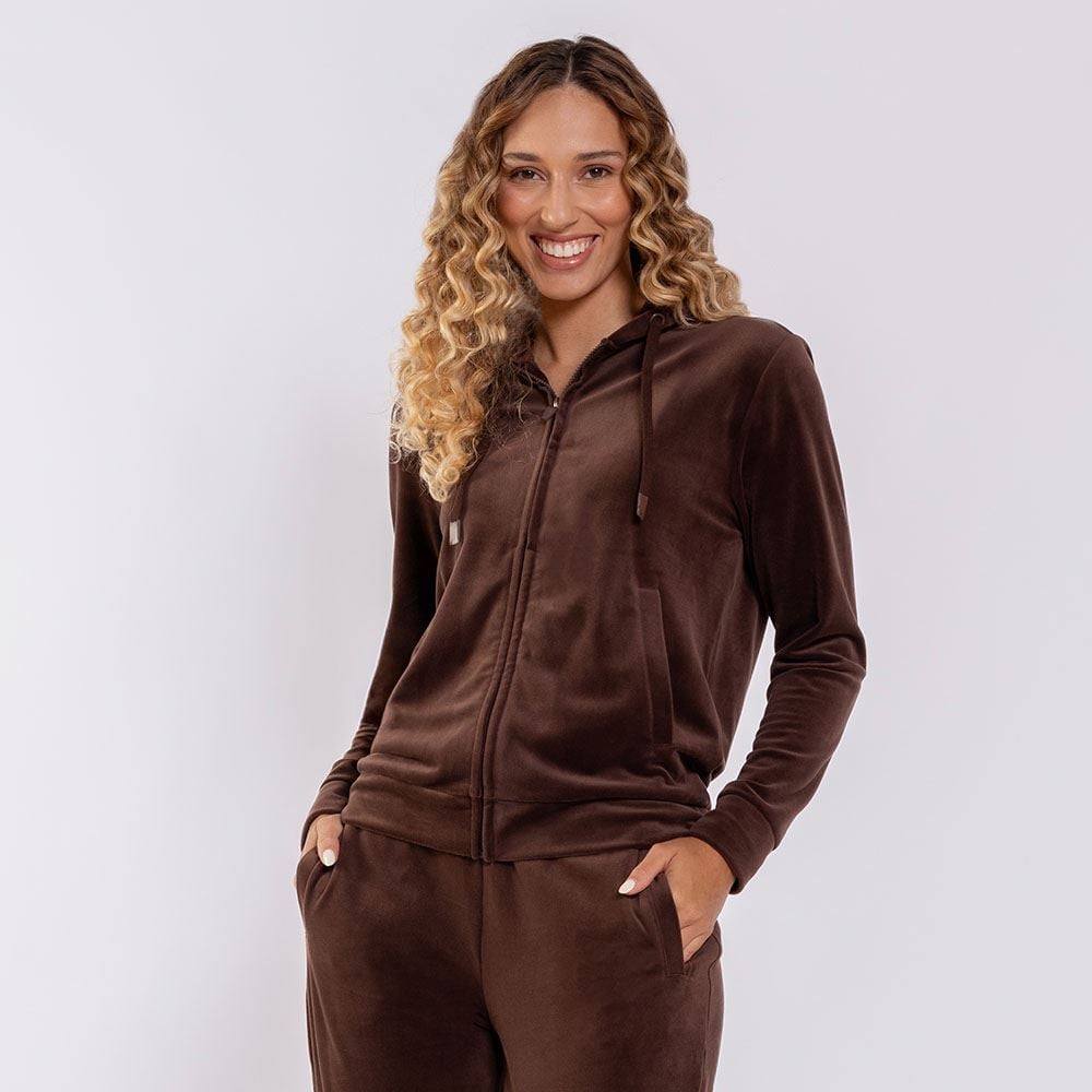 Jaqueta Feminina Esportiva Em Plush Com Capuz Scream Marrom