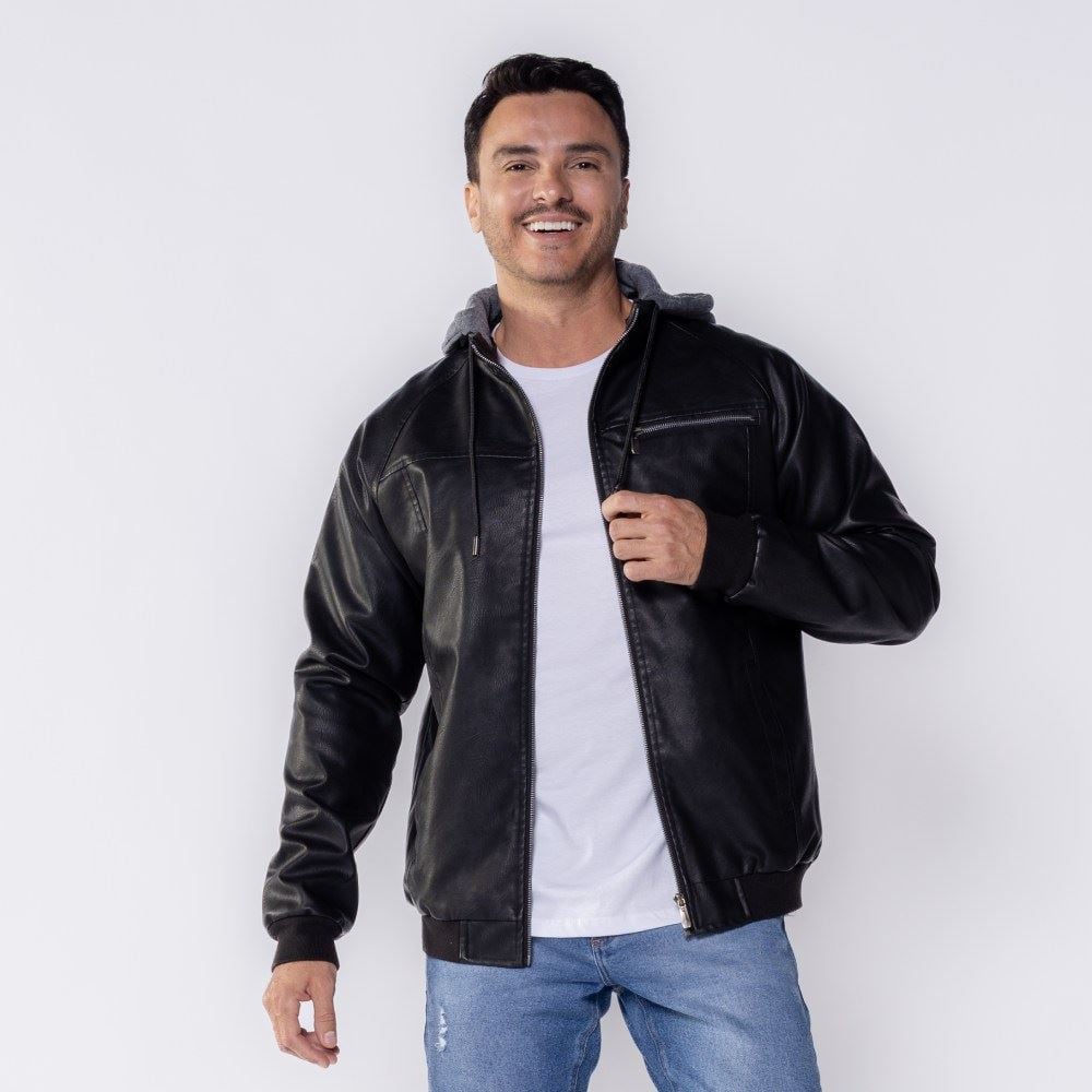 Jaqueta Masculina Em PU Com Capuz Marc Alain Preto C/Mescla