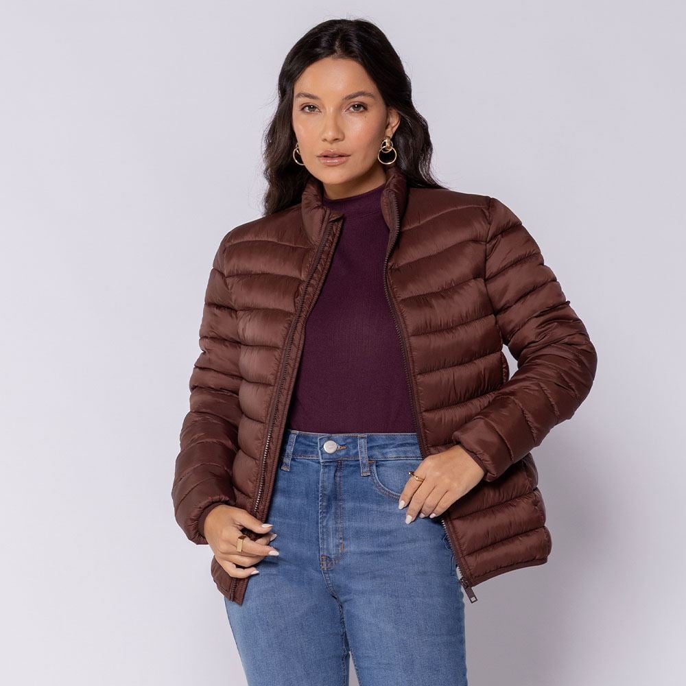 Jaqueta Puffer Feminina Aspen Com Elástico Patricia Foster Marrom