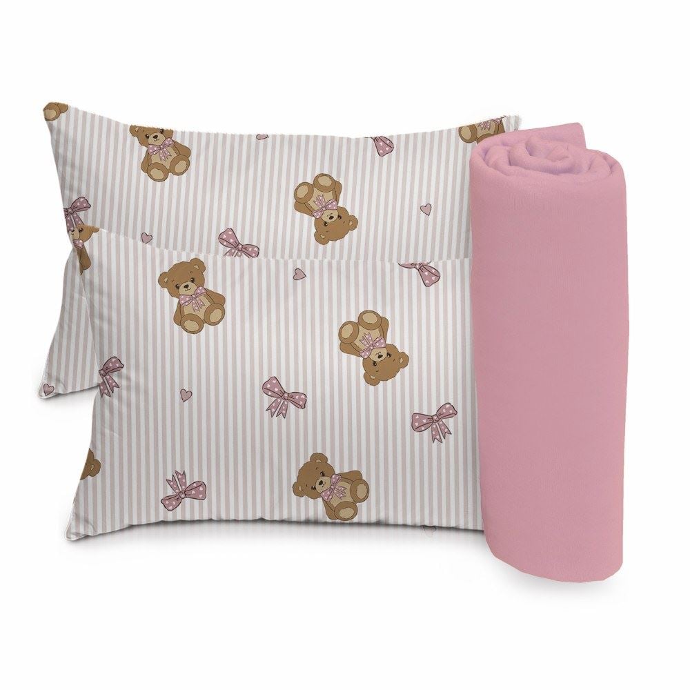 Jogo de Cama Bebê 100% Algodão Havan Baby 3 Peças - URSO ROSA