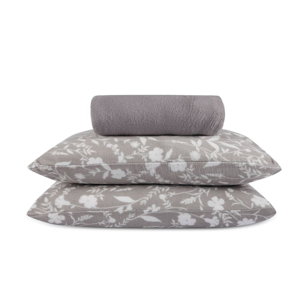 Jogo de Cama Plush Provence Queen 3 pçs - Yasmin Floral Cinza