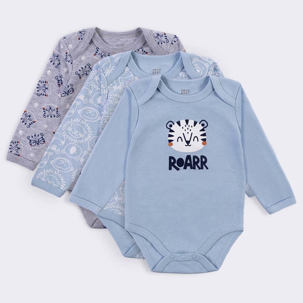 Kit Bebê Body Manga Longa 3 Peças Yoyo Baby Azul Claro Tigre