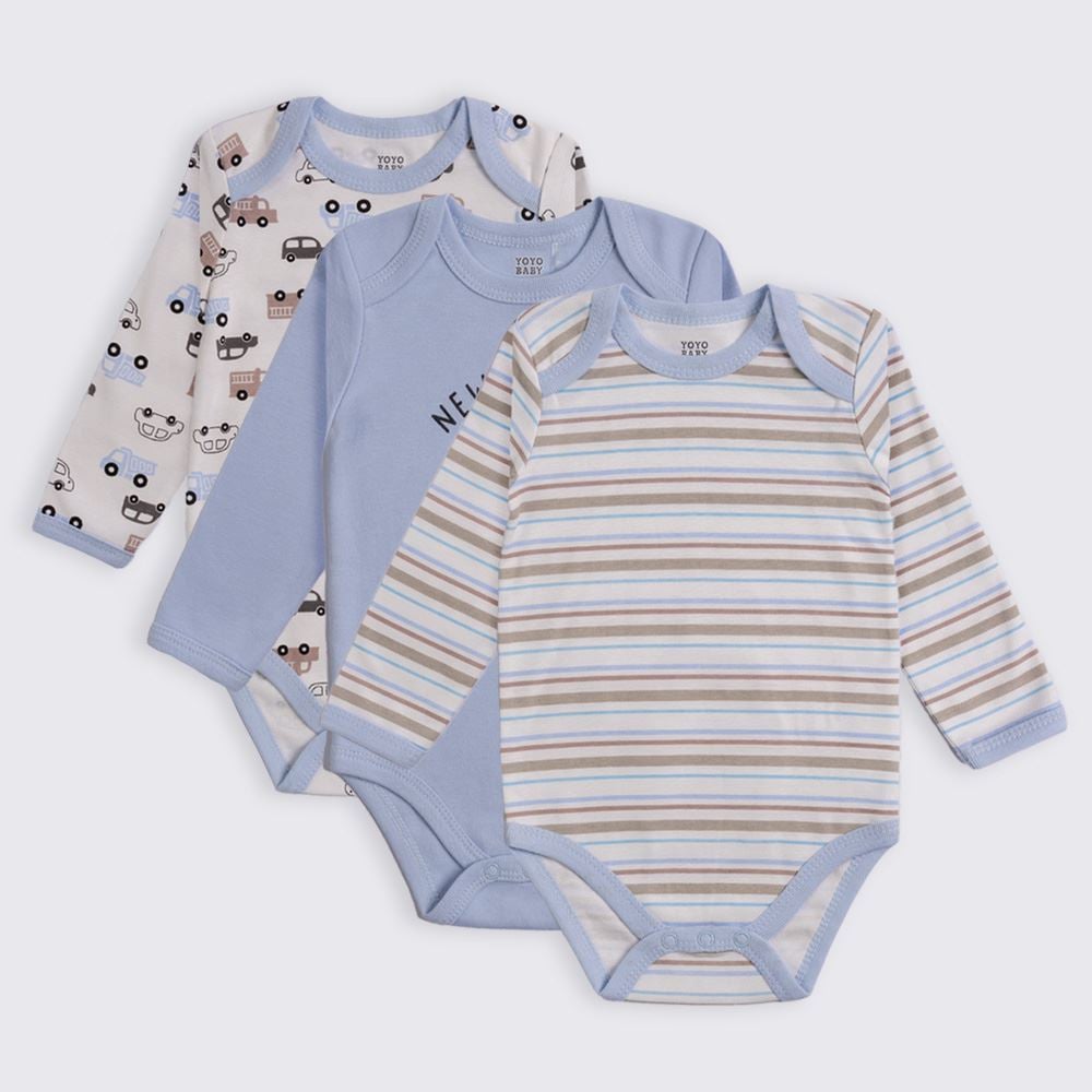 Kit Bebê Body Manga Longa 3 Peças Yoyo Baby Azul Carrinhos