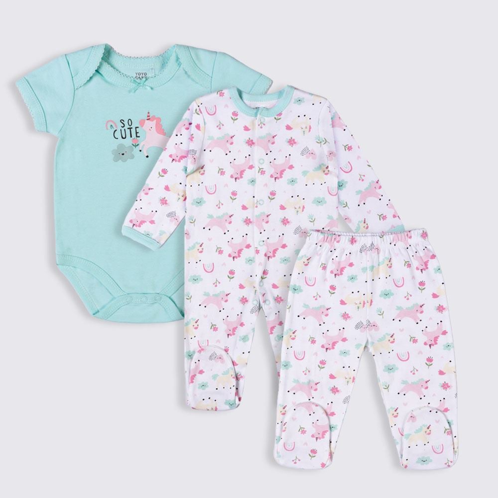 Kit Bebê Macacão, Body e Calça Yoyo Baby Azul Unicornio