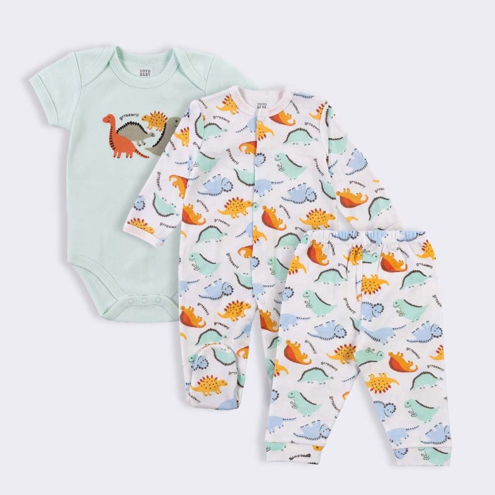 Kit Bebê Macacão, Body e Calça Yoyo Baby Cinza Dinossauro