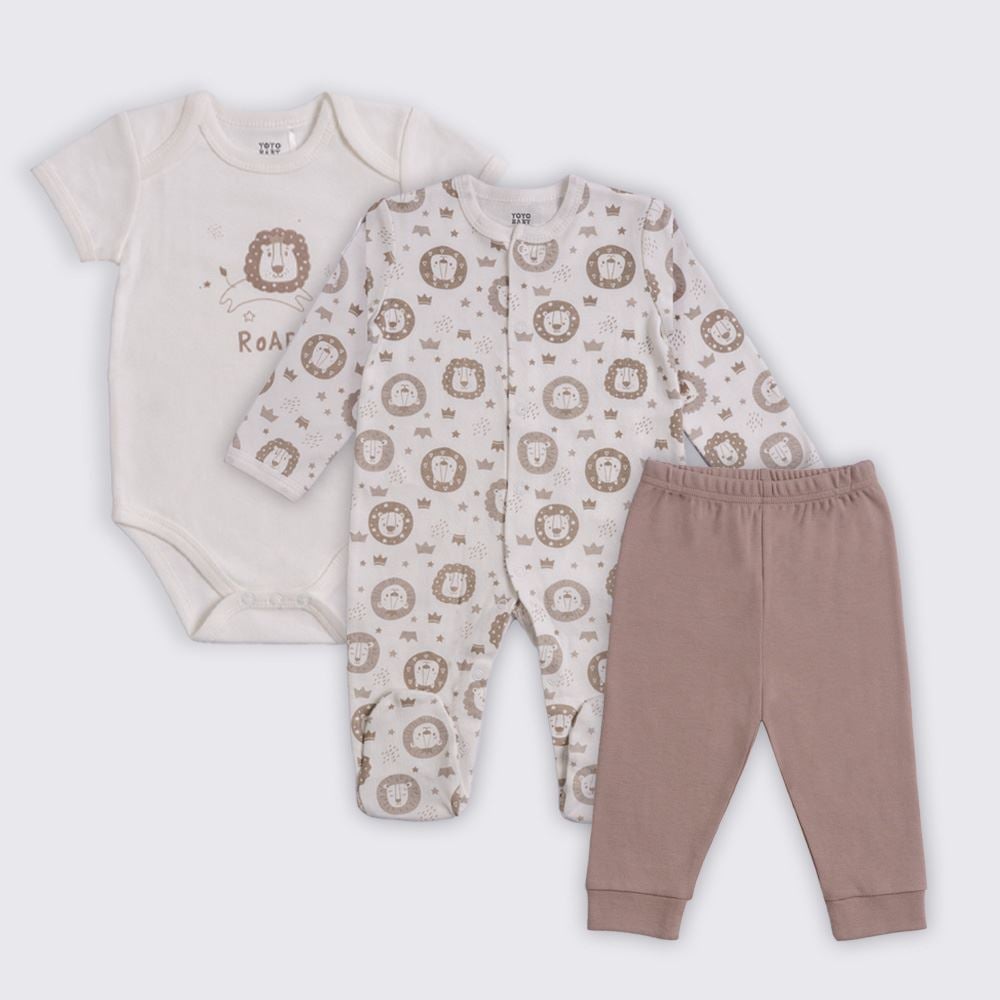Kit Bebê Macacão, Body e Calça Yoyo Baby Bege Leao