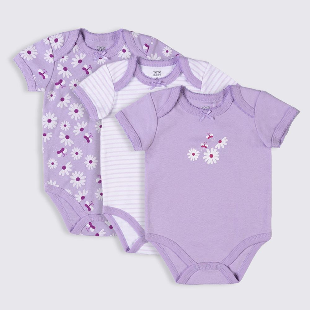 Kit Body Bebê 3 Peças Yoyo Baby Lilas Margaridas