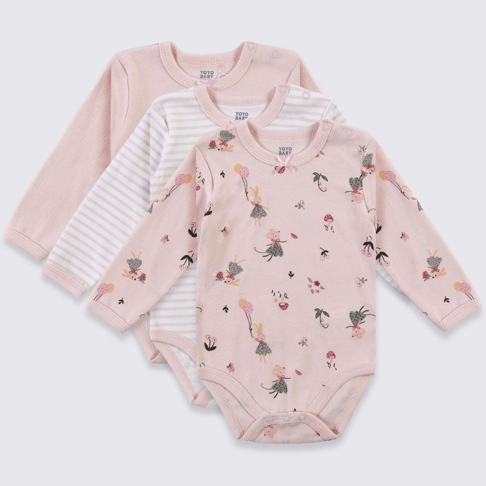 Kit Body Bebê Manga Longa 3 Peças Yoyo Baby Pink Coelhinha
