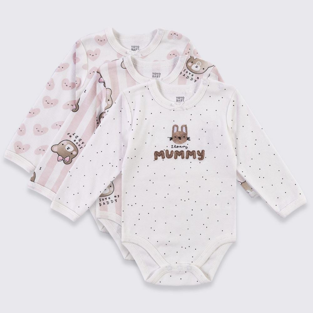 Kit Body Bebê Manga Longa 3 Peças Yoyo Baby Off White Ursinha