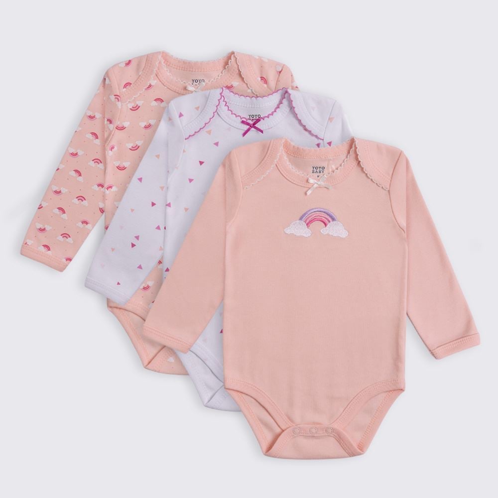Kit Body Bebê Manga Longa 3 Peças Yoyo Baby Rosa Claro Arco Iris