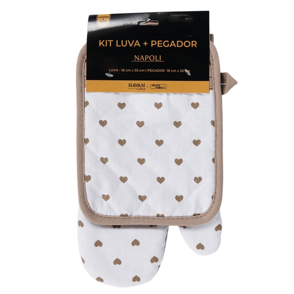 Kit Luva e Pegador de Panelas Napoli Jolitex - Corações Bege