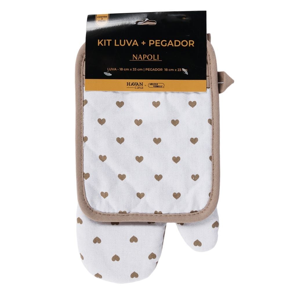 Kit Luva e Pegador de Panelas Napoli Jolitex - Corações Bege