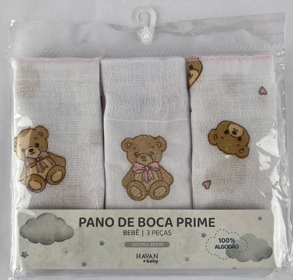 Pano de Boca com Prendedor de Chupeta 3 Peças - Urso Rosa