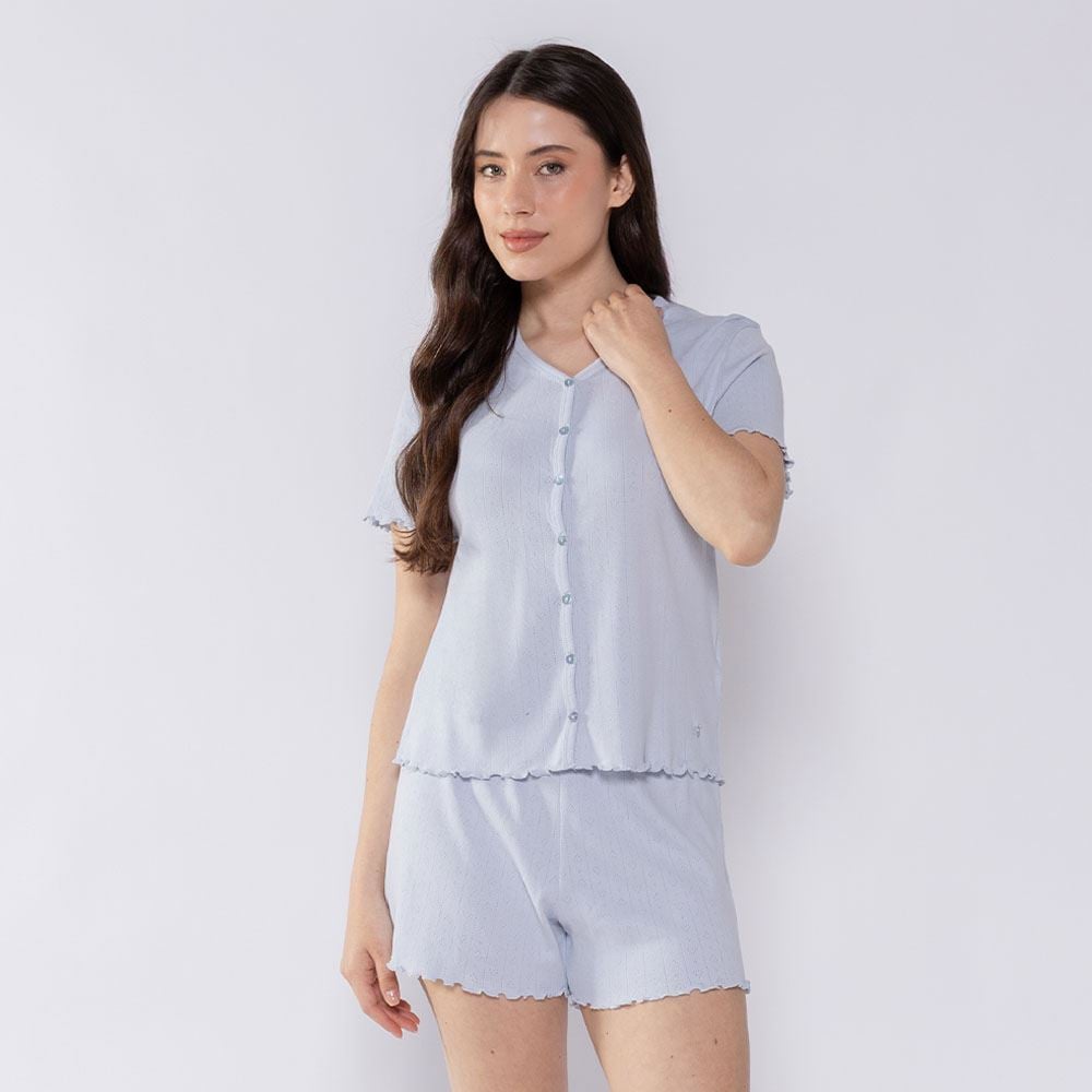 Pijama Feminino Americano De Tricot Camila Moretti Azul