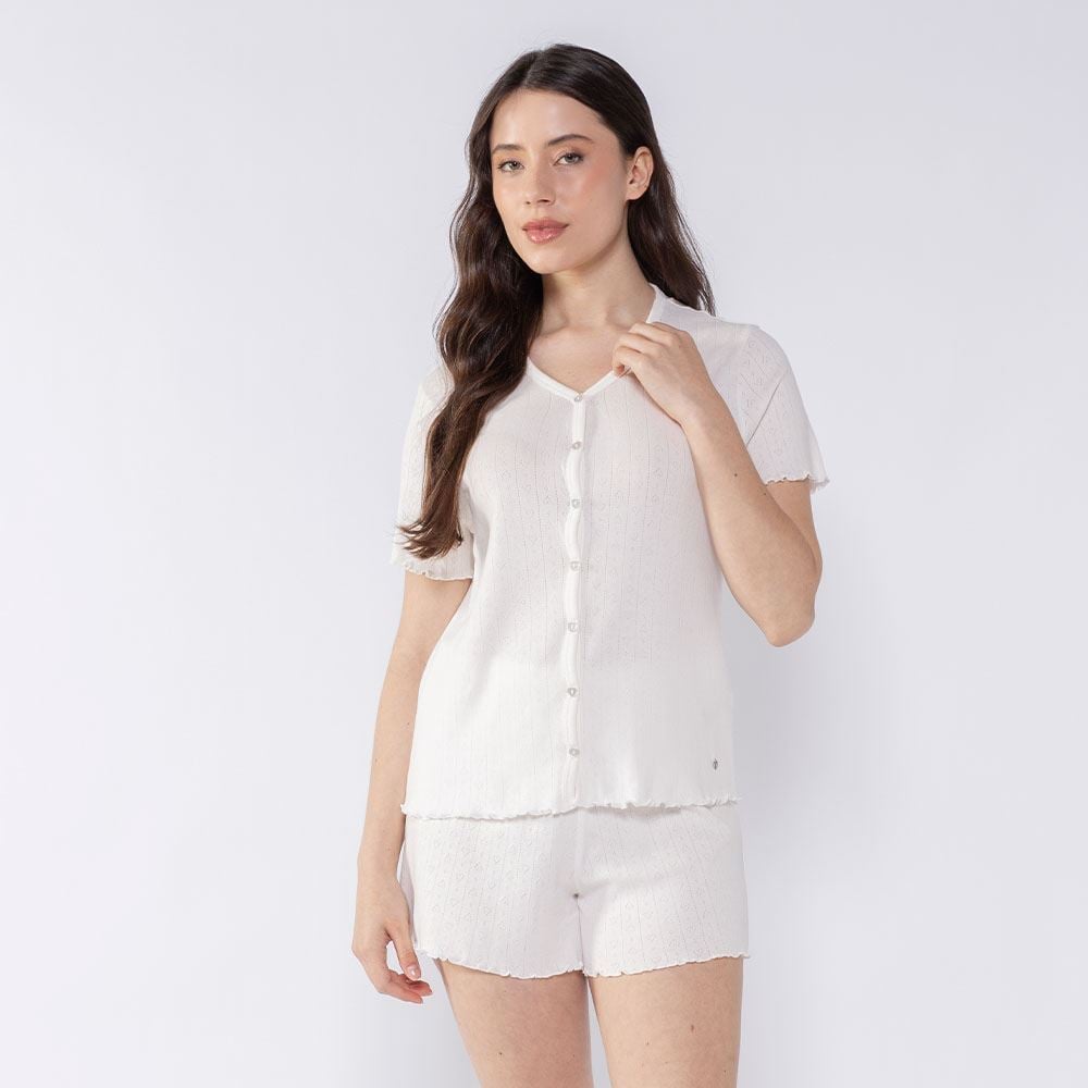 Pijama Feminino Americano De Tricot Camila Moretti Off White