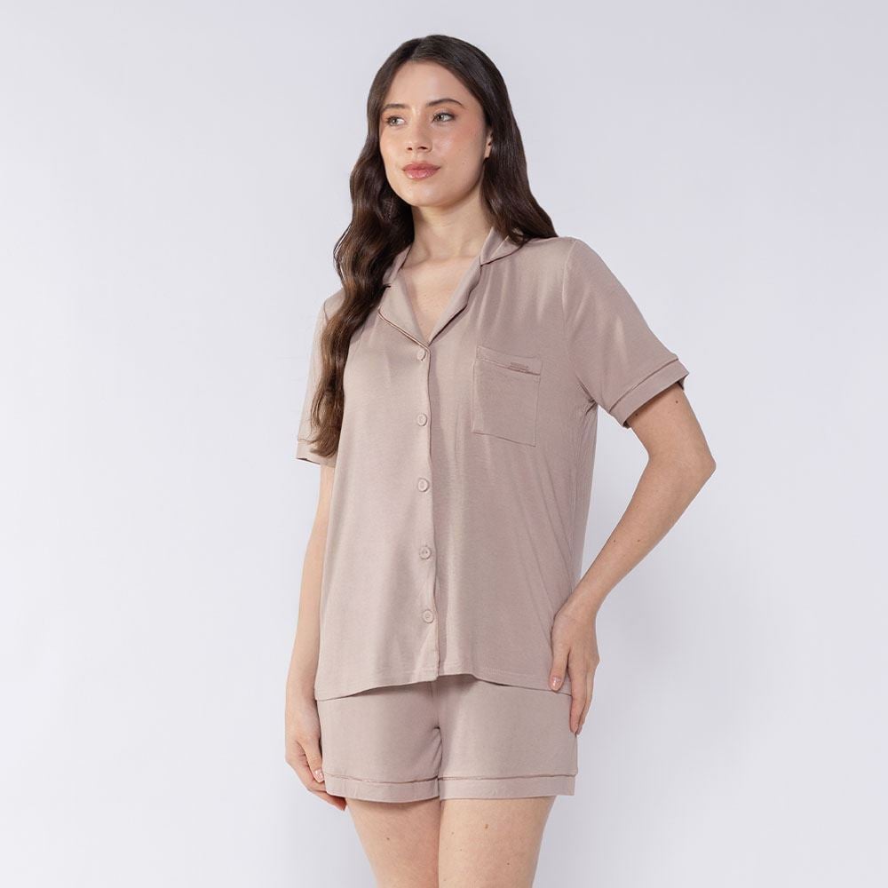 Pijama Feminino Americano De Viscose Camila Moretti Amendoa
