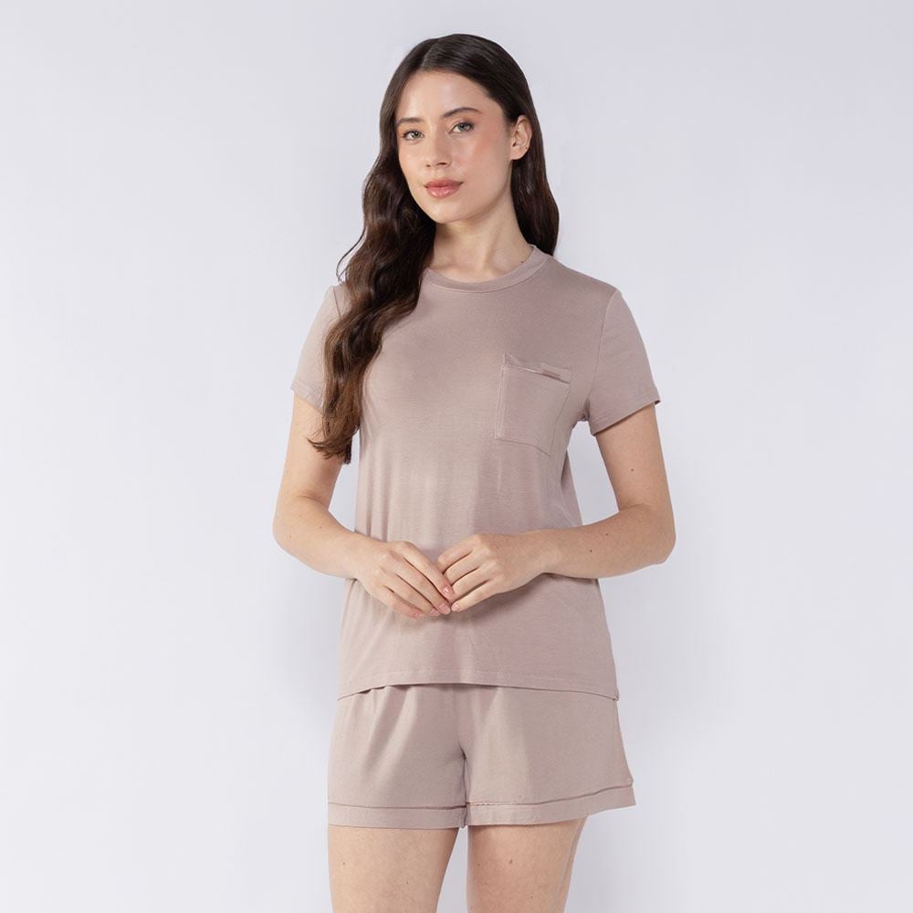 Pijama Feminino Curto Com Bolso Camila Moretti Amendoa