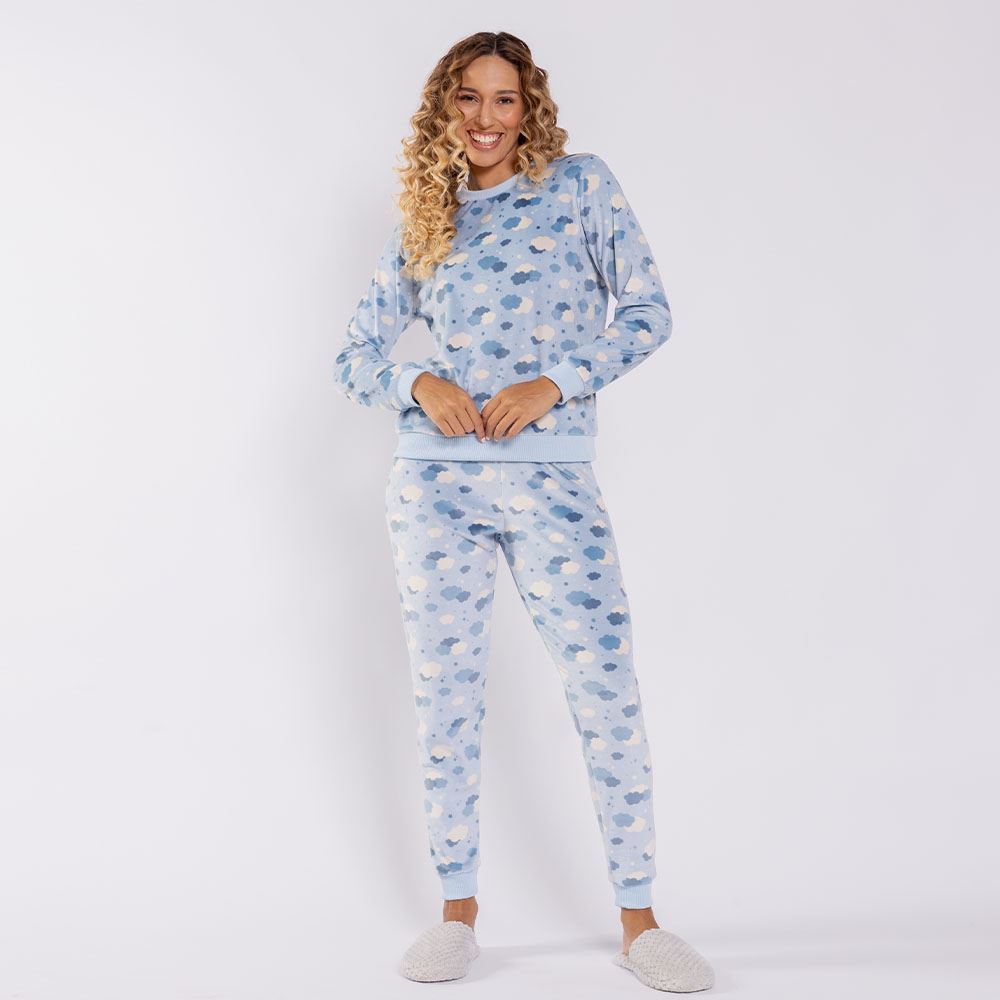 Pijama Feminino Longo Em Plush Nuvem Camila Moretti Estampado