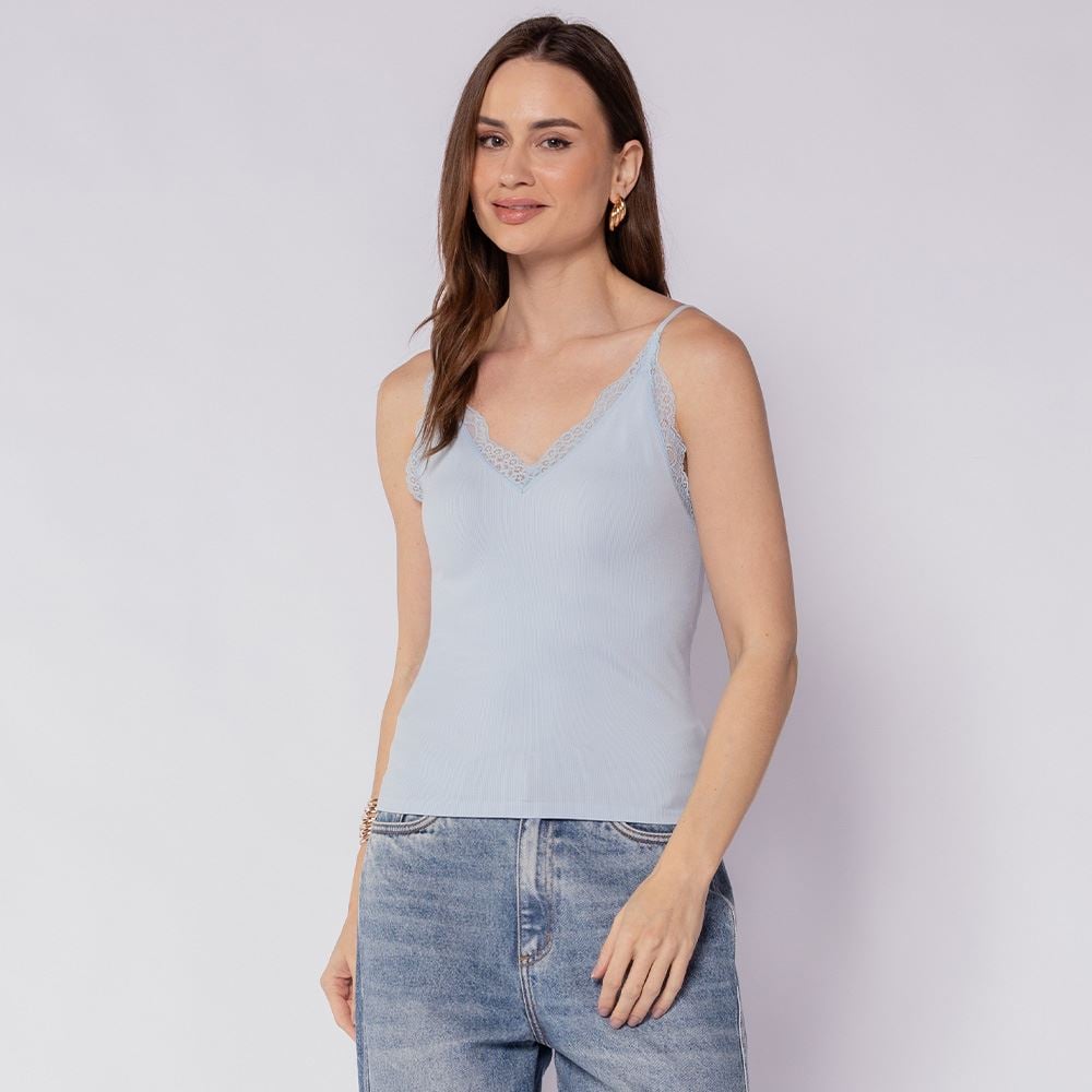 Regata Feminina Com Renda Canelada Boby Blues Sky