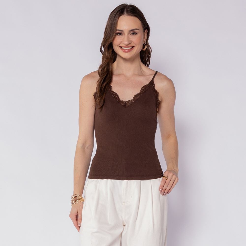 Regata Feminina Com Renda Canelada Boby Blues Marrom