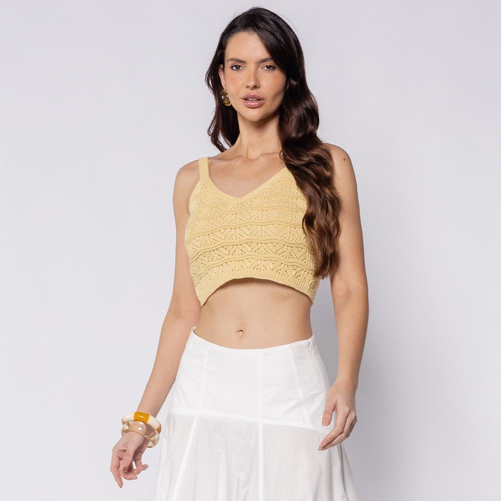 Regata Feminina Cropped Em Tricot Boby Blues Manteiga