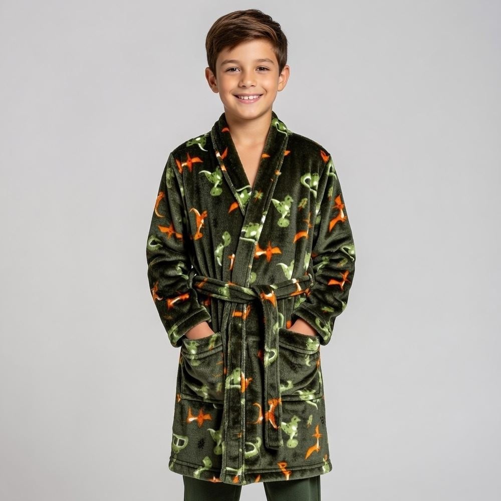 Roupão Infantil m Microfibra Lumini Havan Kids - Dinossauro Verde