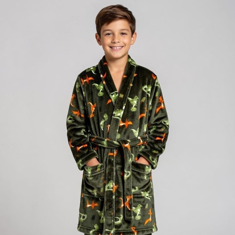 Roupão Infantil M Microfibra Lumini Havan Kids - Dinossauro Verde