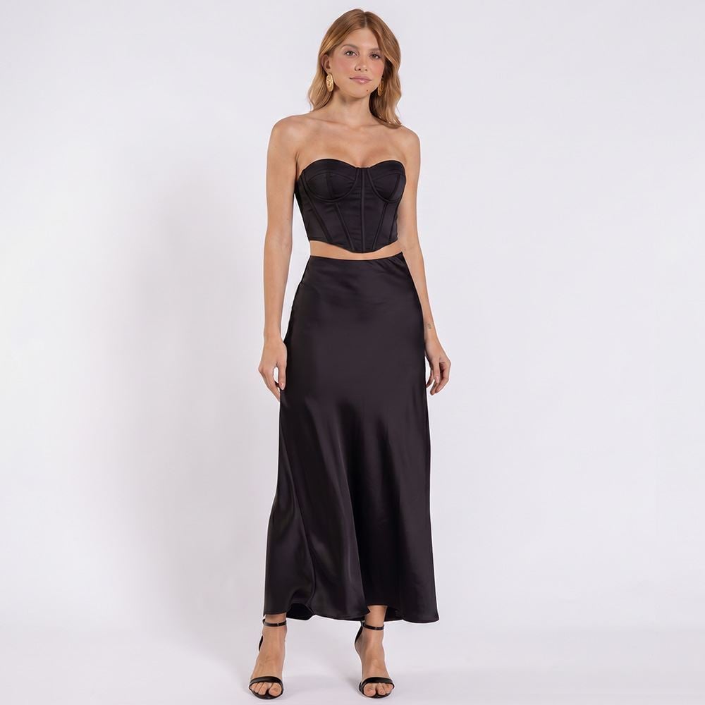 Saia Midi Feminina Em Cetim Patricia Foster Preto