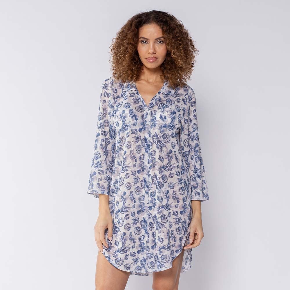 Saída De Praia Chemise Patricia Foster Azul/Branco