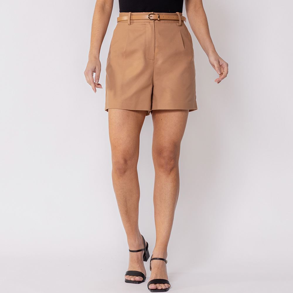 Short Feminino De Alfaiataria Com Cinto Patricia Foster Caramelo
