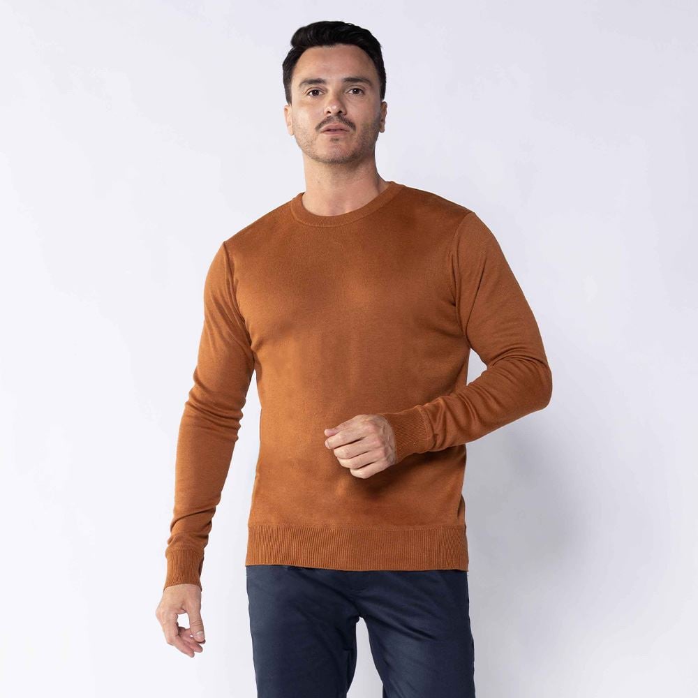 Suéter Masculino De Tricot Gola Redonda Marc Alain Caramelo