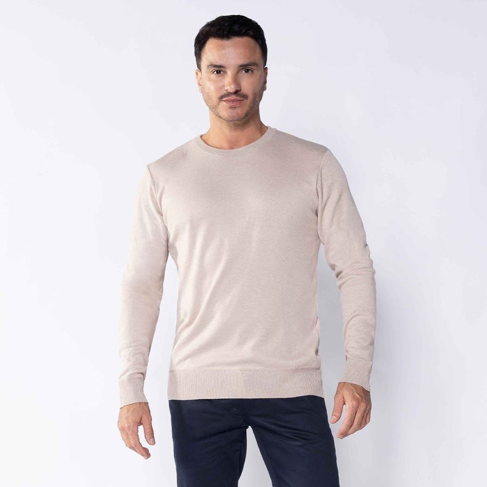 Suéter Masculino De Tricot Gola Redonda Marc Alain Bege Mescla