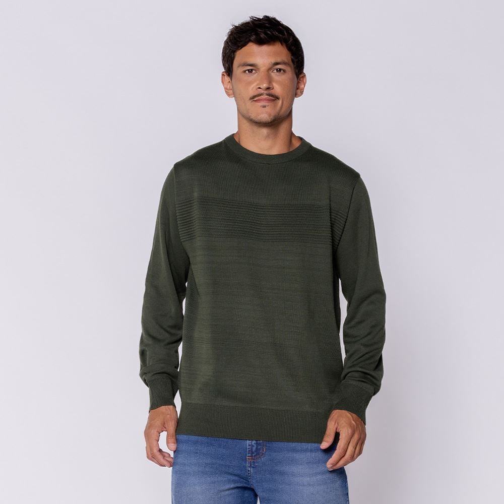 Suéter Masculino Em Tricot Com Textura Thing Oliva Mescla