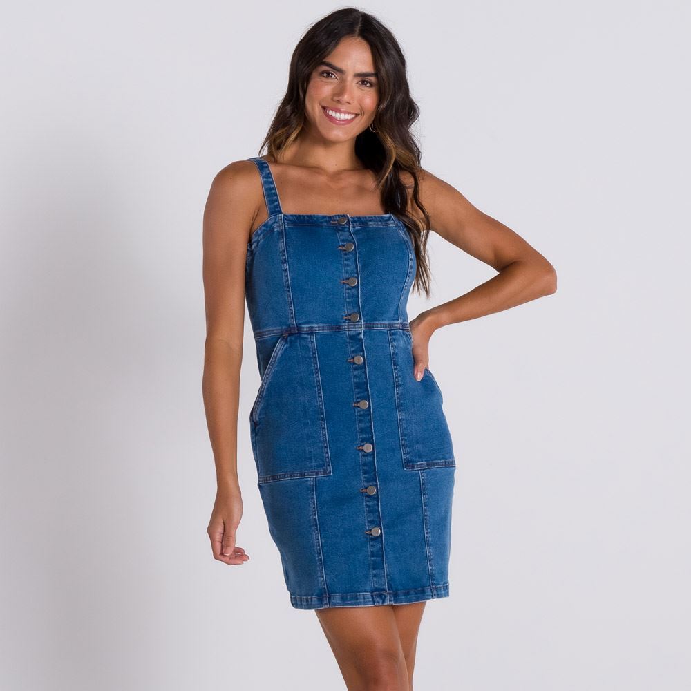 Vestido Jeans Curto com Recorte Patr cia Foster Azul