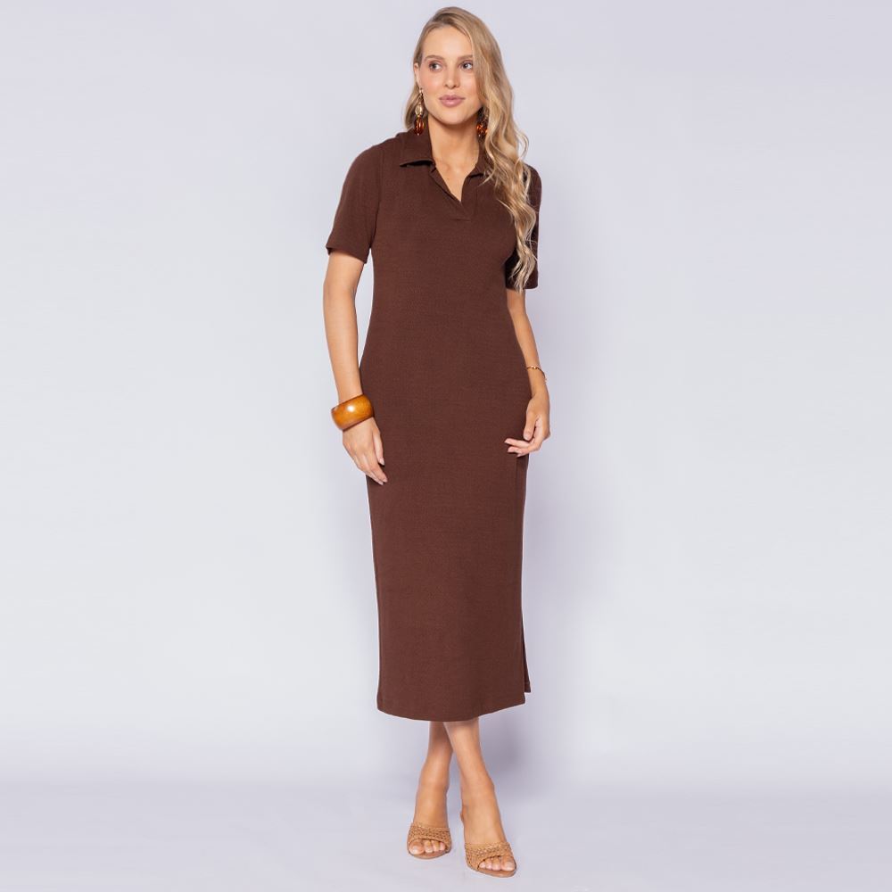 Vestido Midi Feminino Gola Polo Patricia Foster Marrom